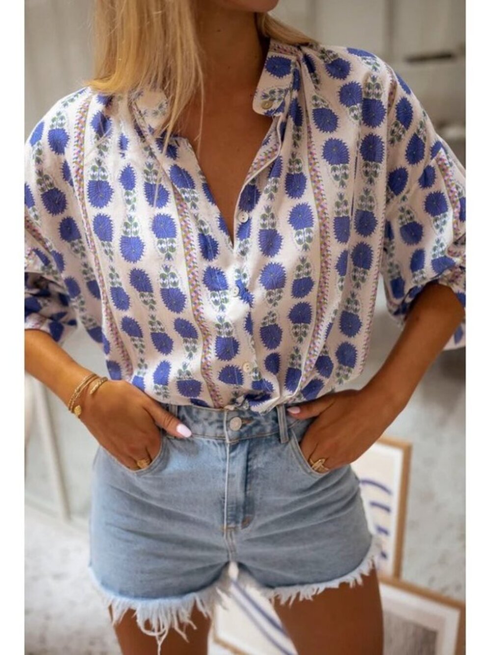 SensUniq Patterned Marley Blouse Blue Floral Block Print Cotton Made in Italy OS